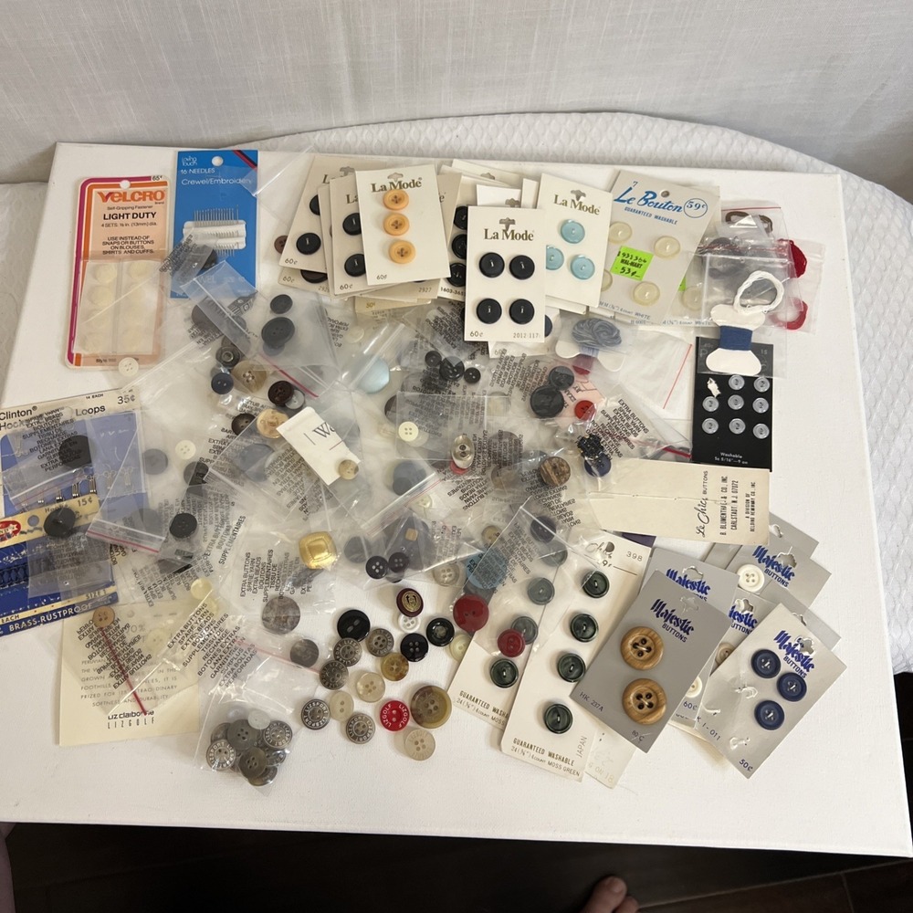 Mixed Craft Lot Sewing Notions Buttons Hook & Eye Needles